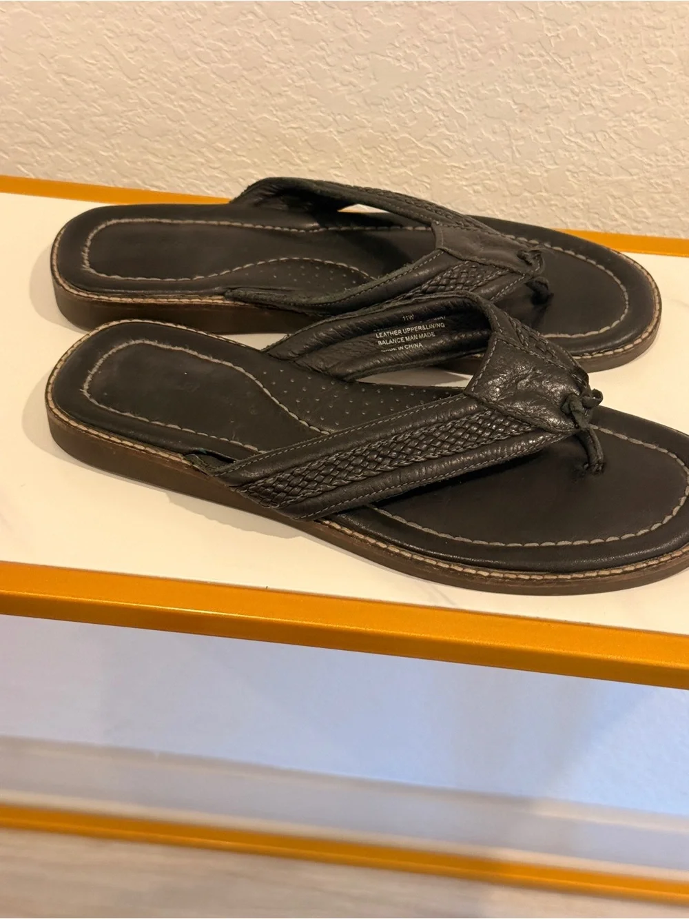 3 BUNDLE Brown Leather, Black Thong Sandals with‎ Dolphin Logo (check photos)